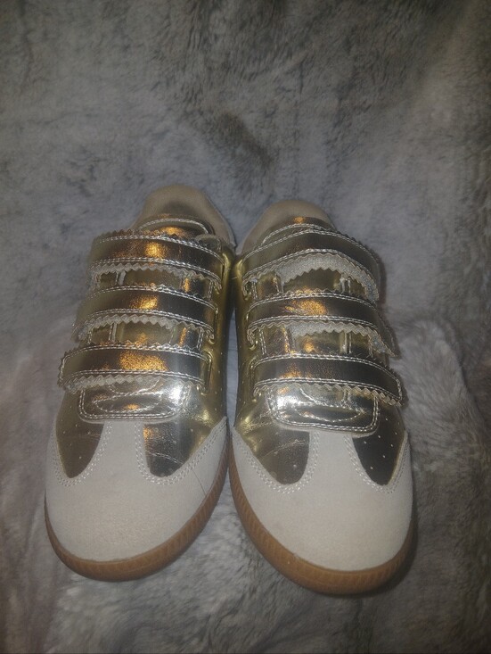 Shoes - Girls Metallic Gold and Cream Velcro Sneakers